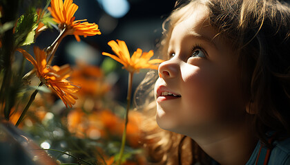 Wall Mural - Smiling girl enjoys nature, playing outdoors in colorful autumn generated by AI