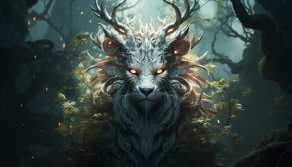 Poster - Majestic dragon in spooky forest, a fantasy illustration generated by AI