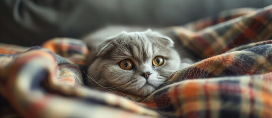 Wall Mural - Gray Scottish fold cat resting on a plaid woolen blanket, evoking a sense of home comfort.