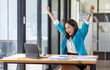 © David - Excited Happy asian woman sit at desk feel euphoric win online, happy asian woman overjoyed get mail at laptop being promoted at work, biracial girl amazed read good news at computer