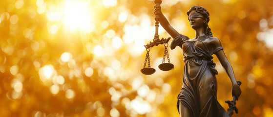 Wall Mural - Lady Justice in Golden Light: Symbol of Law and Fairness Illuminated by the Warmth of the Setting Sun