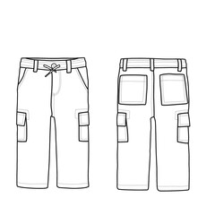 Sticker - Template vector toddler cargo pants with pockets and drawstring. Outline vector doodle illustration, front, and bottom view, isolated with a white background.