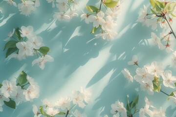  Tender blooming branches of an apple tree in the sun's rays on a blue background. Blooming spring sakura branches under sunlight , frame, template, empty,