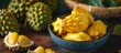 Selective focus on bowl of jackfruit, a tropical fruit (also known as jakfruit or jack).
