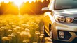 © tashechka - A white SUV car bathed in sunset light, amidst a vibrant field of white flowers, evoking a sense of adventure.