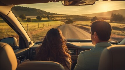 Wall Mural - A couple is driving in a car on a road with the sun setting. Generative AI.