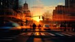 A blurry image of people walking across a street at sunset. Generative AI.