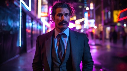 Canvas Print - A man with a mustache and suit standing in a city at night. Generative AI.