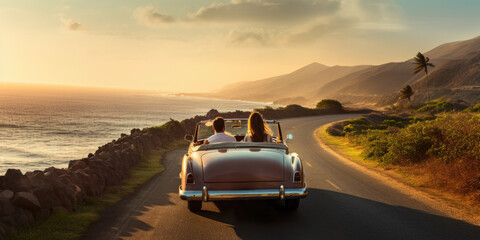  Couple driving in vintage car on the road with ocean in the background. Generative AI.