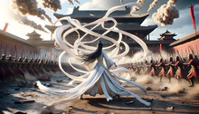 Surreal Masterpiece In Extreme Detail, Portraying A Female Warrior Using Her Long White Clothes As A Weapon Against Ancient Soldiers, Set Against The Backdrop Of The Forbidden City