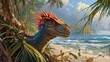 A dilophosaurus hiding in the tall beach gr its colorful crest peeking out as it waits for prey to p by.