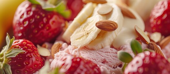 Wall Mural - Blurred banana fruit and ice cream background with almond and fresh strawberry close-up.