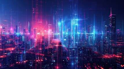 cityscape with space and neon light effect. Modern hi-tech, science, futuristic technology concept. Abstract digital high tech city design for banner background
