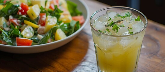 Poster - An icy lemon beverage sits next to a potato salad and dressing made with black garlic.