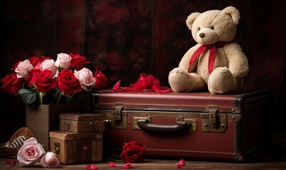 Wall Mural - Teddy bear and old valentine's suitcase with roses.