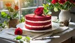 Bolo red velvet grande em prato branco para bolos. Guardanapo para decorar a cena.