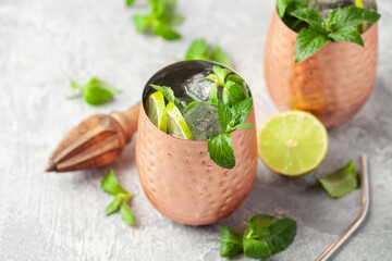 Alcohol cocktail mojito with lime and mint in copper glasses with ice. Summer refreshing drink