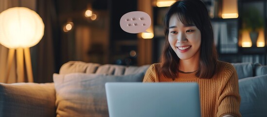 Poster - Asian woman at home with speech bubble using laptop