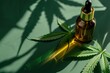 A Glass Bottle with Dropper, Holding a Golden Liquid, Possibly Oil, Positioned Next to a Cannabis Leaf. Against a Green, Shadowy Background.