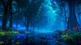 Fototapeta Natura - visualizations of the forest with deep blues and neon greens. Generative AI