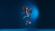 © Surachetsh - Abstract outline captures the dynamic essence of a hip-hop dancer, showcasing their breakdance skills in a silhouette on a blue backdrop. Generative AI.