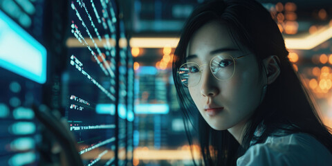 Asian Woman Startup Digital Entrepreneur Working on Computer, Line of Code Projected on Her Face and Reflecting. Software Developer Working on Innovative e-Commerce App using AI, Big Data