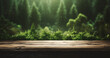 Wood table top on blur green forest background with bokeh light