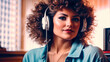 © Mario - A woman with red lipstick and blonde curly hair is wearing white headphones.