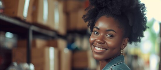 Poster - Content African woman, manage shipping and delivery at boutique store for shop orders.