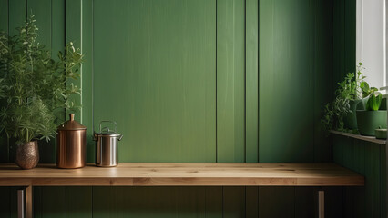 Wall Mural - Kitchen Room: Green Wall Panelling with Wooden Shelf for a Stylish Interior. Generative AI.