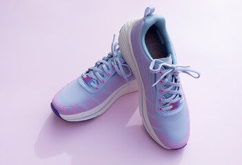 Purple Blue Female Sportive Running Shoes on Pink Background. Fashion, Training Footwear for Workout, Gym, Shoes For Woman. National Shoe The World Day. Horizontal 