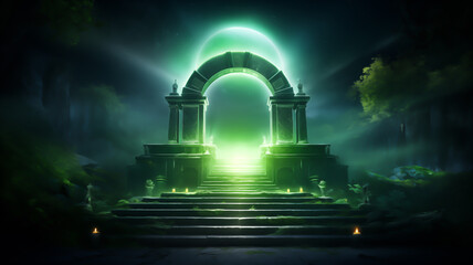 Fantasy concept showing An ancient dimensional portal gate opening into jungle illustration. digital art style, skyline