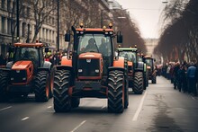 Farmers union protest strike against government Policy. People on strike protesting protests against tax increases. Tractors vehicles blocks city road traffic.