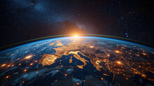 Europe From Space During Sunrise With Country Borders Visible. 3D Illustration. Celestial Connections. 3D Rendering And Illustration.