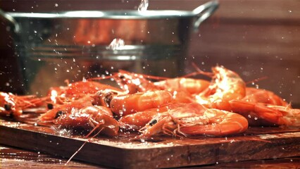 Poster - Drops of water drip onto fresh shrimp. Filmed on a high-speed camera at 1000 fps. High quality FullHD footage