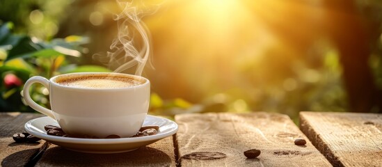 Canvas Print - Hot coffee cup on cafe table, coffee cup background.