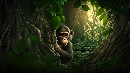 Wall Mural - chimpanzee hiding in the forest. created with generative ai.