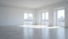 White Empty Room, Light Wood Floor, Three Big Windows, View Over River And City