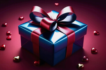 Wall Mural - A blue gift box with a bow and hearts. Generative AI