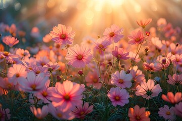 Wall Mural - stunning landscape of blooming flowers in summer meadow under bright sunlight showcasing beauty of n