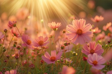 Wall Mural - stunning landscape of blooming flowers in summer meadow under bright sunlight showcasing beauty of n