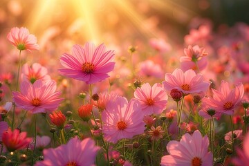 Wall Mural - stunning landscape of blooming flowers in summer meadow under bright sunlight showcasing beauty of n