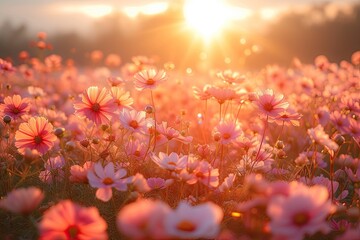 Wall Mural - stunning landscape of blooming flowers in summer meadow under bright sunlight showcasing beauty of n