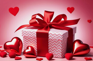 Wall Mural - A gift box with a bow and hearts. Generative AI