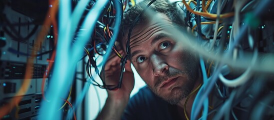 Wall Mural - An IT support engineer fixing network issues in the server room with cables and hardware for cybersecurity glitches or software solutions, while a stressed man deals with doubt.