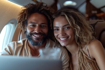 Happy couple sharing a moment on a private jet with a laptop