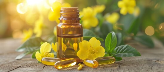 Poster - Evening primrose oil capsules in a bottle with blooming Oenothera biennis plant.