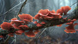 Red mushrooms grow in the forest on an old tree
