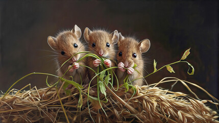 Wall Mural - Three mice eat grain
