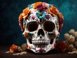 dia de muertos skull decorated with flowers in the background. Generative AI